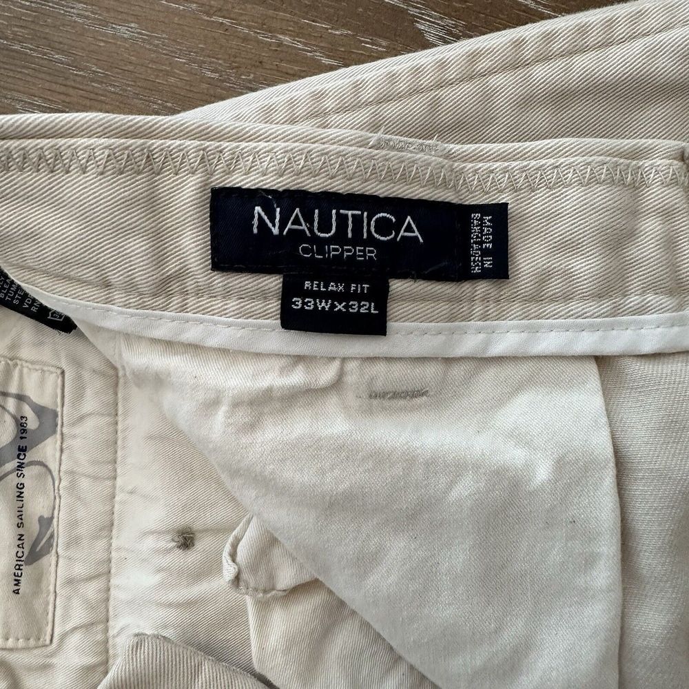 Nautica Clipper 33x32 KHAKI Relax Straight Chino Pants Flat Front EXCELLENT